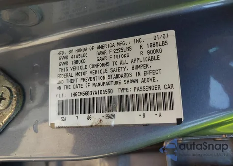 2007 Honda Accord 2.4 Ex from USA, damaged, VIN 1HGCM56837A104550